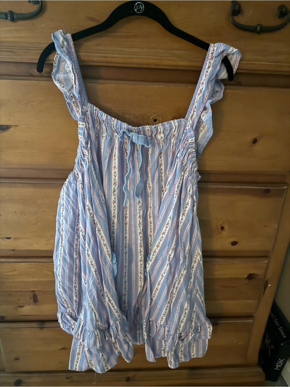 Urban Outfitters Light Blue Striped Ruffle-Trim Midi Dress